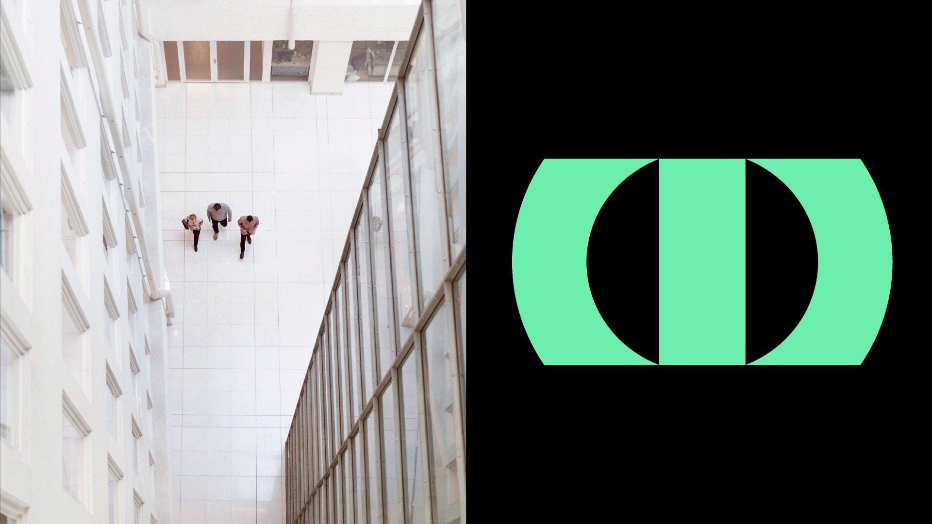 Two images, side-by-side. The first one is an overhead photo of three men walking down an office corridor and the next image is the new OneTrust logo.
