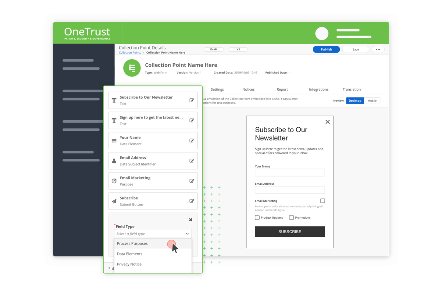 Screenshot of the onetrust platform collection point details screen
