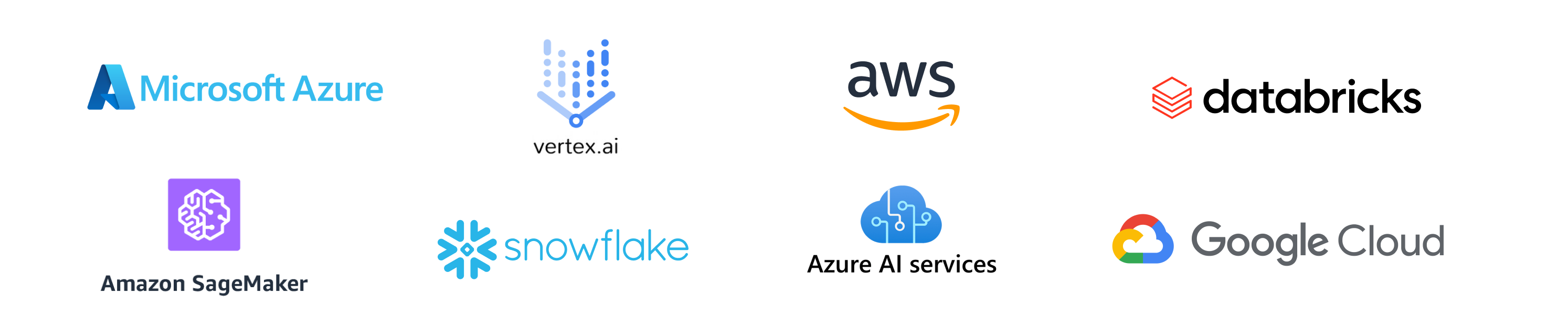 Microsoft Azure, vertext ai, aws, databricks, Amazon SageMaker snowflak Azure AI services and Google Cloud logos  